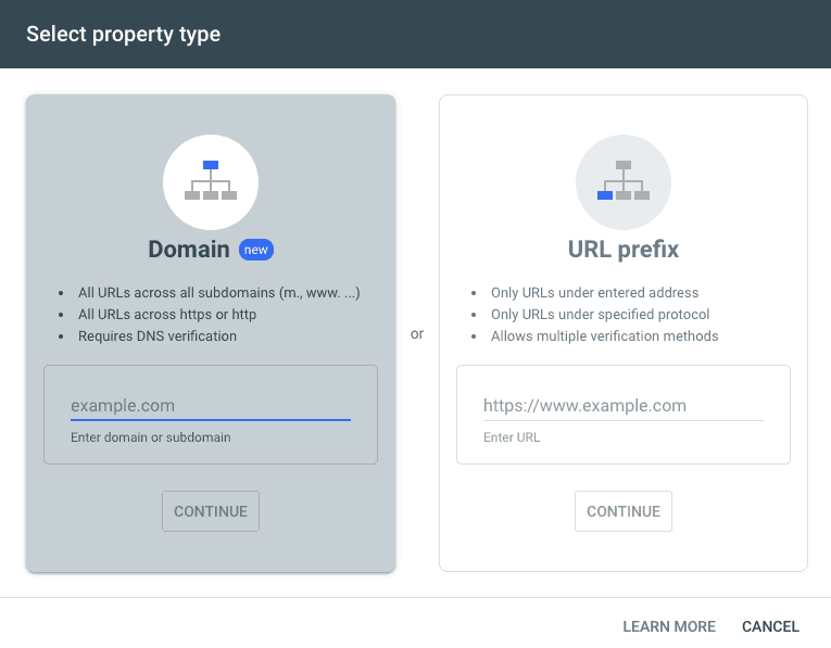 Domain and URL Prefix Options for submitting sitemap to Google Search Console