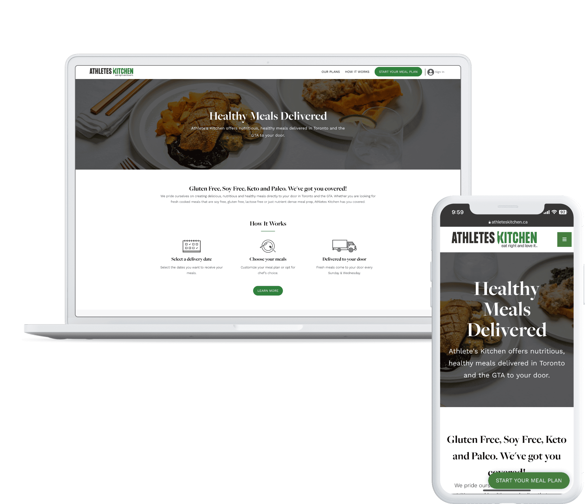 Image of mobile phone and laptop, both showing the Athlete's Kitchen website on the device