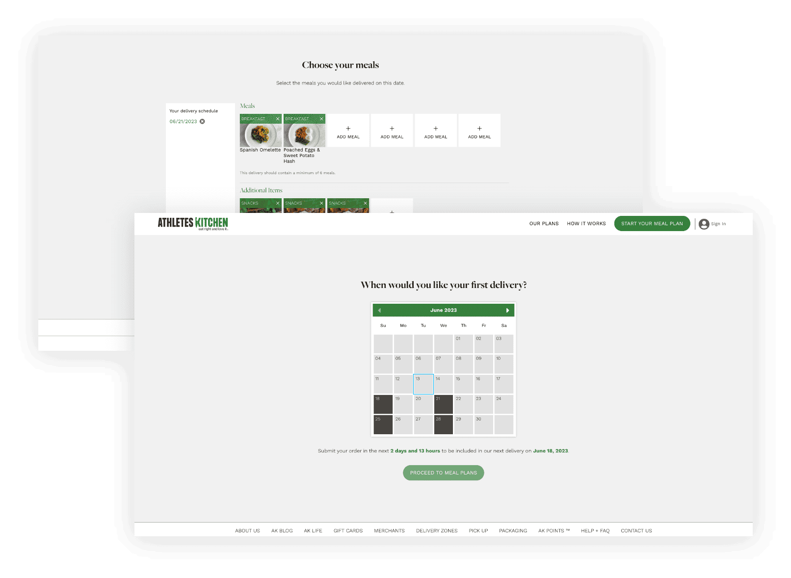 Screenshots of the ordering process for Athlete's Kitchen