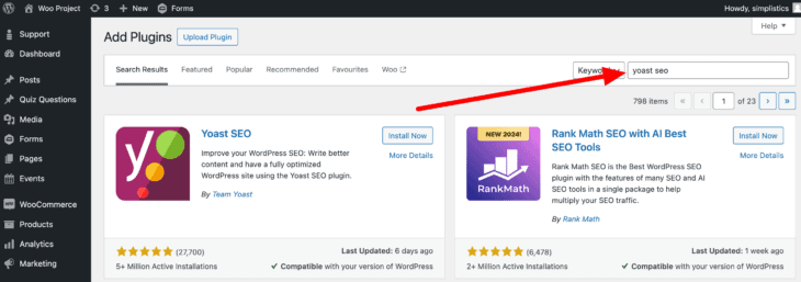 Click on the “Search plugins..” text field, type in “yoast seo” and press enter