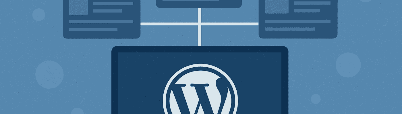 Wordpress Multisite Graphic showing one Laptop branching out to multiple screens