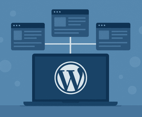 Wordpress Multisite Graphic showing one Laptop branching out to multiple screens